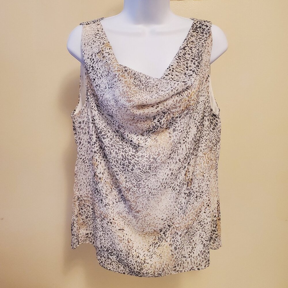 Ann Taylor Factory Cream Gray Patterned Sleeveless Cowl-Neck Shell Top - (M)